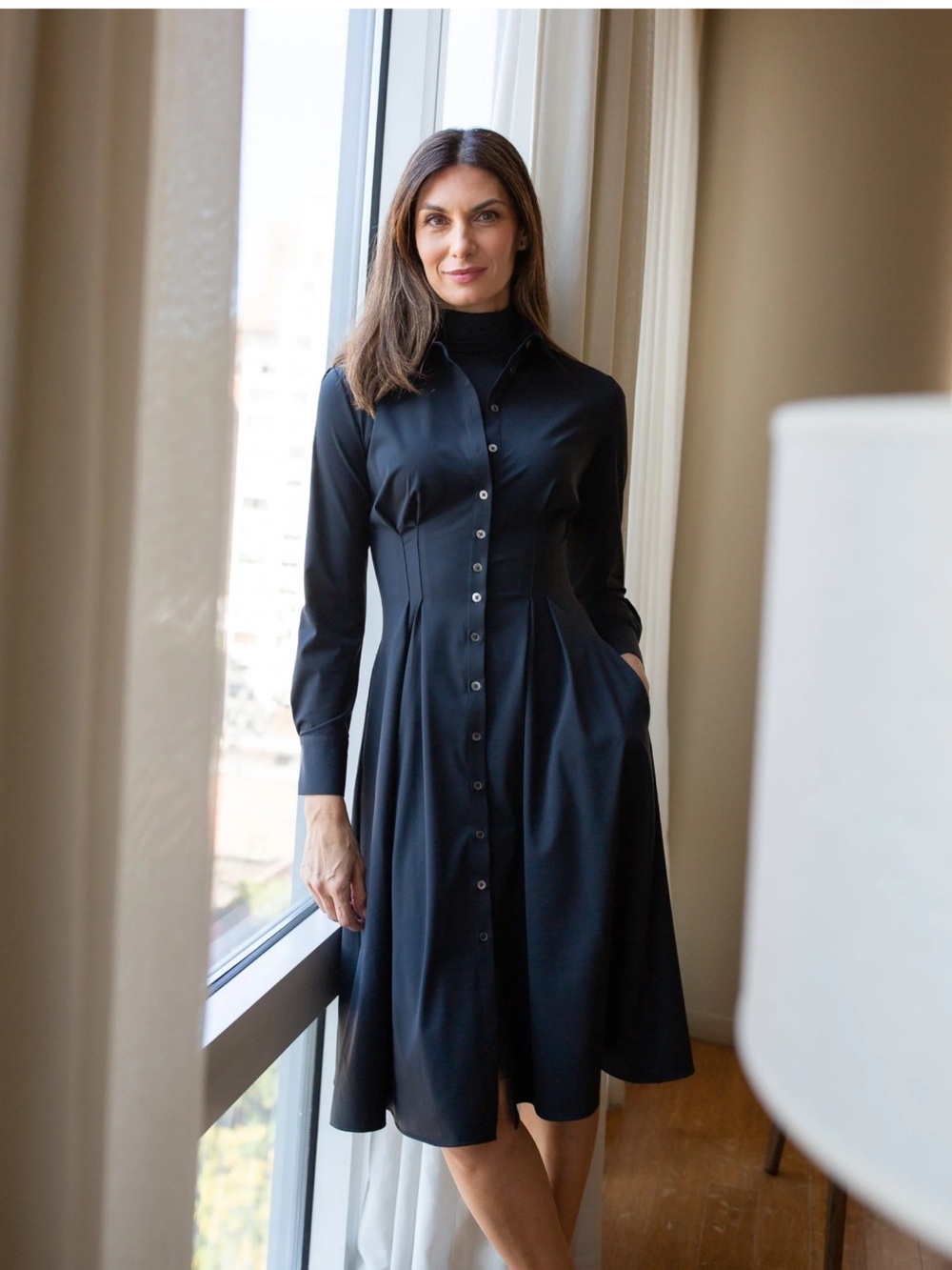 NEW Luxeire Long Sleeve Fit-and-Flare Shirt Dress Large Wrinkle Free Performance